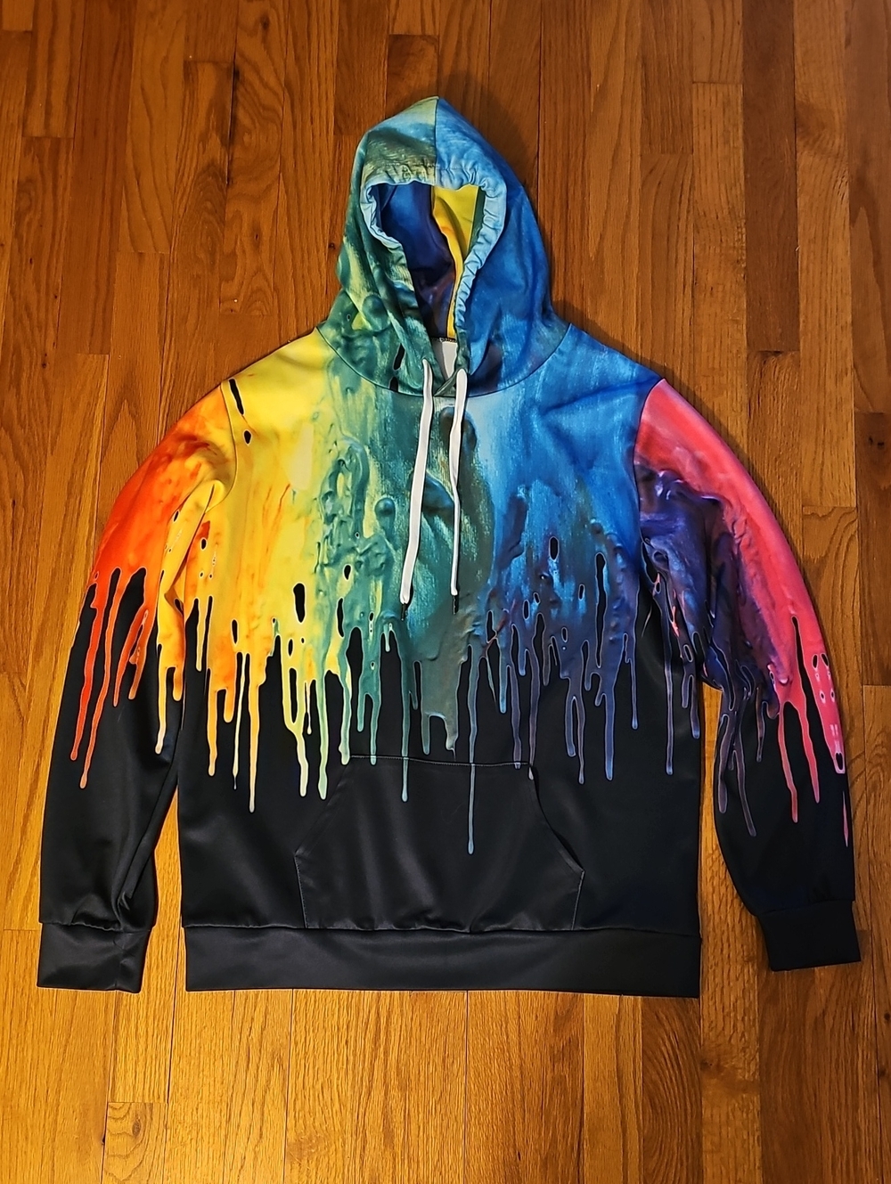 Rainbow Drip Hoodie - Multicolor Graphic Pullover. Mens Size Medium.